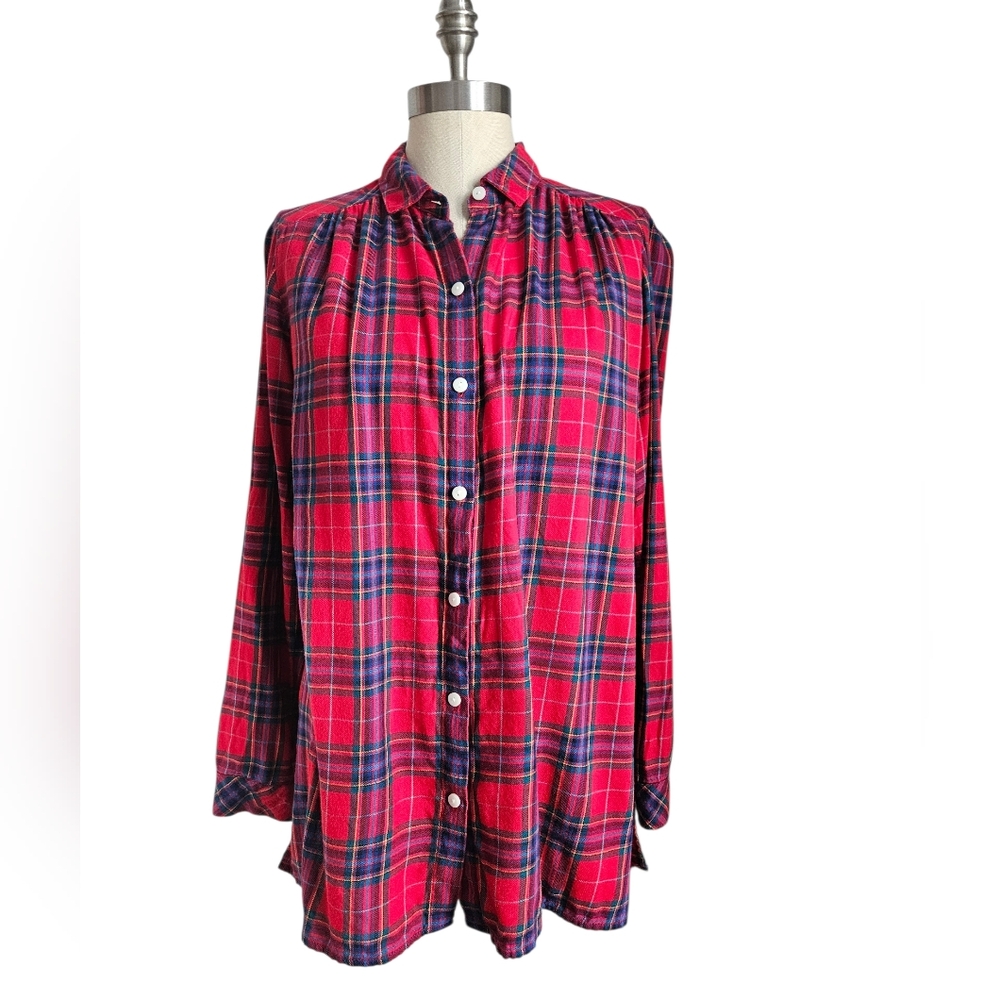 J. JILL Red Multicolor Plaid Long Sleeve Button Front Flannel Blouse | SZ L